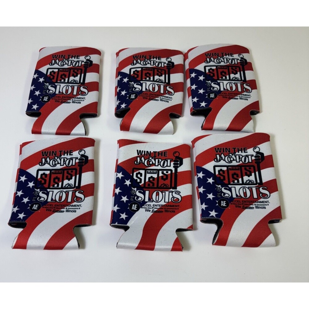 Win The Jackpot Play Slots - Patriotic American Flag Koozies (set of 6)